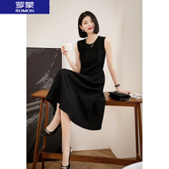 羅蒙（ROMON）連衣裙女裝夏季2024新款韓版時(shí)尚優(yōu)雅經(jīng)典赫本風(fēng)醋酸中長(cháng)小黑裙子 黑色 2XL