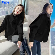 FSHE春秋季新款韓版毛呢外套女加厚寬松時(shí)尚百搭短款女裝呢子外套 黑色_(優(yōu)質(zhì)面料) L _建議105-120斤