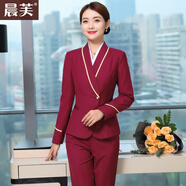 晨芙空姐制服職業(yè)西裝套裝女高鐵乘務(wù)員工裝酒店正裝美容珠寶店工作服 紅色西裝+白襯衫+馬甲+裙 XL 建議110-120斤