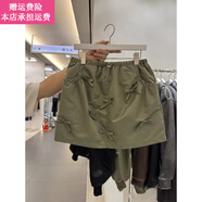 Fickan工裝裙半身裙子女夏季抽繩松緊腰蝴蝶結女顯瘦短裙潮下身群孑 軍綠色 S