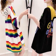 貝吉棋2025中長(cháng)款t恤小清新新款連衣裙夏大碼女寬松中袖遮屁股上衣 001白色拼002黑色(2件裝) M