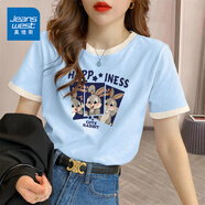 真維斯（JEANSWEST）t恤女夏季裝新款純棉短袖上衣服女裝寬松撞色休閑慵懶風正肩半袖 天藍 兔子三連拍 M
