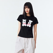 PSO Brand可愛(ài)貼布繡T恤男純棉針織圓領(lǐng)短袖夏季情侶裝半袖女款上衣 圓領(lǐng)女款 墨黑色 Black XS