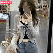 柏潮辣妹小心機針織吊帶外搭開(kāi)衫套裝女早秋歐美小眾綁帶上衣罩衫 灰色套裝 S