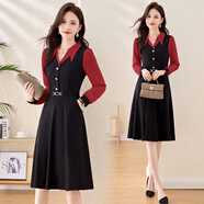 古地斯（GuDiSi）2025春裝連衣裙中長(cháng)款女裙V領(lǐng)時(shí)尚撞色假兩件連衣裙長(cháng)袖裙子 黑紅 M