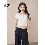 A21女裝短袖t恤女夏季純欲風(fēng)設(shè)計(jì)感小個(gè)子紐扣內(nèi)搭上衣 米杏 S