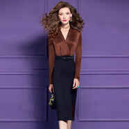 菲夢(mèng)伊假兩件連衣裙女春裝新款高端優(yōu)雅輕熟氣質(zhì)修身職業(yè)開(kāi)叉裙子 棕色 2XL