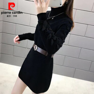 皮爾卡丹（pierre cardin）毛衣女中長款寬松長袖針織連衣裙女士外穿加絨打底衫潮2025秋冬款 黑色   腰帶 S 90斤以下