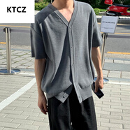 KTCZMRCYC冰絲短袖針織衫男士開衫寬松韓版休閑t恤夏季薄款半袖外套 灰色 M