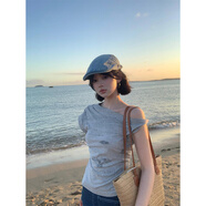 樂卡利斜肩短袖t恤女美式設(shè)計復(fù)古字母印花小眾修身顯瘦純欲風辣妹上衣 灰色 S