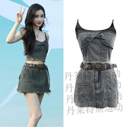 山頭林村Angelababy楊穎同款牛仔吊帶背心上衣服女夏天性感辣妹半身裙套裝 黑灰色吊帶上衣 S