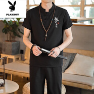 花花公子（PLAYBOY）夏季新款棉麻男套裝亞麻短袖t恤休閑半袖唐裝漢服體恤中國風(fēng)服飾V 1302黑色【短袖+長褲】 5XL