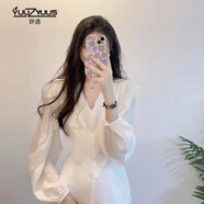 妤遇（YUUZYUUS）法式白色連衣裙女2024春秋新款氣質(zhì)溫柔風(fēng)收腰顯瘦V領(lǐng)中長款裙子 白色 M
