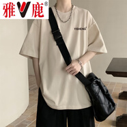 雅鹿短袖T恤男夏季薄款透氣男裝港風(fēng)男士寬松休閑半袖體恤圓領(lǐng)上衣 杏色 3XL