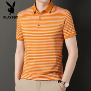 花花公子（PLAYBOY）夏季短袖t恤男士夏季新款高端翻領(lǐng)條紋polo.衫絲光棉體恤打底衫T 2226黃色 M 165/84A