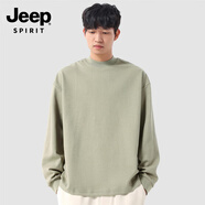 JEEP SPIRIT300G重磅基礎(chǔ)白黑純色小領(lǐng)口寬松百搭打底衫內(nèi)搭長袖t恤男女春夏 灰綠色/grayish green S