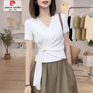 皮爾卡丹（pierre cardin）不規則短袖v領(lǐng)t恤女夏季新款收腰顯瘦交叉綁帶上衣大碼女裝潮 白色 M 【建議100-120斤】