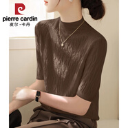 皮爾卡丹（pierre cardin）半高領(lǐng)五分袖內(nèi)搭針織打底衫毛衣女裝春夏2025新款正肩上衣T恤 深棕色面料短袖夏 輕薄 L 【建議110-120斤】