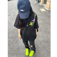 文頗100%純棉重磅小惡魔花卉印花短袖t恤男女夏季寬松設計感小眾半袖 220克-黑 L 建議110-125斤