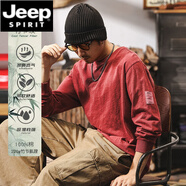 JEEP SPIRIT美式復(fù)古竹節(jié)棉長袖T恤男春季潮牌寬松紅色上衣2025新款休閑體恤 紅色 XL 適合145-160斤