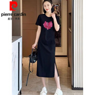 皮爾卡丹（pierre cardin）2025夏季新款純棉短袖t恤裙女寬松休閑獨特好看中長款開叉連衣裙 1701-黑色開叉連衣裙 -紅色印花 M 100-115斤