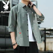 花花公子（PLAYBOY）襯衫男夏季襯衣男士外套休閑七分袖男裝短袖寬松襯衫 軍綠 3XL 