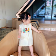 伊頓德魯女童短裙子背心裙夏裝娃娃連衣裙兒童公主裙薄圓領(lǐng)寶寶a字裙純棉 杏色 （背心裙） 73cm