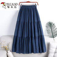 啄木鳥(niǎo)棉麻布料拼接半身長(cháng)裙女2025春秋高腰顯瘦松緊腰垂感大擺裙子1561 藍色 均碼