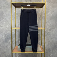 TNOM BIOWHE TB衛褲男新款束腳寬松休閑男女同款純棉長(cháng)褲四道杠條紋情侶運動(dòng)褲子 黑色-灰杠 S (0)