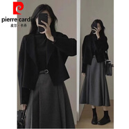 皮爾卡丹（pierre cardin）小香風(fēng)職業(yè)西裝套裝裙女2025春秋冬季新款大l碼胖穿搭一整套針織 黑色外套+灰色半身裙 3XL 【160-180斤】