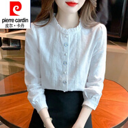 皮爾卡丹（pierre cardin）24春秋新款白色襯衫長(cháng)袖襯衫領(lǐng)刺繡棉布上衣百搭氣質(zhì)襯衣小衫女 白色 2XL