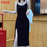 FSHE夏季新款套裝女2025時尚顯瘦休閑開叉吊帶連衣裙防曬開衫兩件套女 黑色【單件】吊帶連衣裙 L 106-120斤