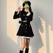 留沁秋季新款韓版時(shí)尚修身顯瘦氣質(zhì)小金扣立領(lǐng)名媛風(fēng)感連衣裙女 黑色連衣裙+腰帶 XS