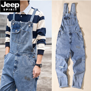 JEEP SPIRIT情侶美式連體工裝男式阿美咔嘰工人吊帶褲闊腿直筒背帶褲男女同款 淺藍 S