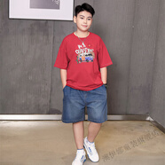 澳伊娜胖童裝男童加肥加大套裝寬松夏大童夏季中大碼短袖短褲兩件套潮 紅色套裝(小汽車(chē)21047) 160 cm