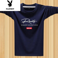 花花公子（PLAYBOY）春季長(zhǎng)袖t恤男純棉青年圓領(lǐng)韓版潮薄款百搭秋衣打底衫加大號(hào)ins 大R袖長(zhǎng)藏青色 XL 建議120-135斤