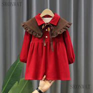 SKONWAT女童連衣裙春秋裝2023新款兒童洋氣寶寶連衣裙娃娃領(lǐng)秋冬款公主裙 酒紅色 加絨加厚公主裙套 100 建議身高100CM左右