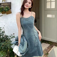 源夫人初秋新款時(shí)尚韓版吊帶連衣裙搭寬松牛仔外套兩件套設(shè)計(jì)感收腰顯瘦 單件牛仔裙子 S 【建議100斤內(nèi)】