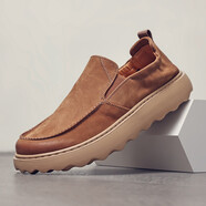 卡丹路【頭層牛皮】春夏秋季男士一腳蹬懶人鞋輕便舒適透氣舒適健步鞋 杏色 39