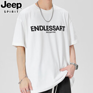 JEEP SPIRIT吉普短袖t恤男夏季重磅寬松大碼字母潮牌男裝上衣T恤印花半袖衣服 白色 7XL 碼(255斤-270斤)