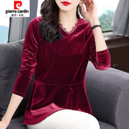 皮爾卡丹（pierre cardin）黑色V領(lǐng)中長款上衣女秋冬修身大碼收腰長袖金絲絨時尚氣質(zhì)歐洲站T 暗紅色 建議95-110斤 M