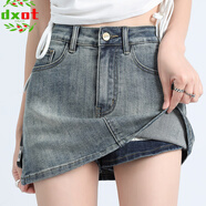DXOT美式新款高腰彈力顯瘦復古牛仔裙a字裙女防走光辣妹包臀牛仔短裙 淺藍色 M 【適合體重95-110斤】