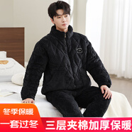特絲格斯 法蘭絨睡衣男冬季加厚套裝三層夾棉襖加肥大中青年珊瑚絨家居服 黑色 2XL (適合115-135斤)