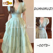 初徑法式泡泡袖領(lǐng)大裙擺連衣裙夏季露背蝴蝶結綁帶絕美長(cháng)裙 綠色露背連衣裙 S