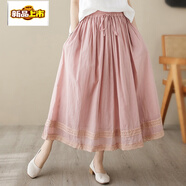 初徑刺繡雙層苧麻版半身裙女夏季新款松緊腰顯瘦高端亞麻長(cháng)裙子春秋 粉色蕾絲半身裙 M