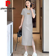 皮爾卡丹（pierre cardin）2025夏季新款純棉短袖t恤裙女寬松休閑獨(dú)特好看中長款開叉連衣裙 2133-花灰色開叉連衣裙 -金色印 L 115-130斤