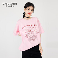 秋水伊人美式復古重磅純棉T恤夏季新款女裝經典圓領甜美上衣 粉紅 L