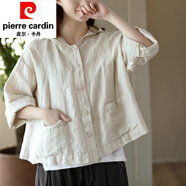皮爾卡丹（pierre cardin）2025復古棉麻開(kāi)衫女寬松春夏薄款休閑連帽長(cháng)袖外搭防曬短外套針織 杏色 L 建議110-125斤