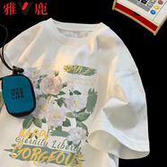 雅鹿重磅純棉五分袖圓領(lǐng)印花短袖t恤男夏季潮牌休閑寬松高街上衣體恤 1370白色【高品質(zhì)17】 M 80-105斤