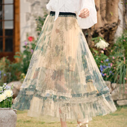 兩三事梵高文藝 花影入墨 2025春季新款甜美印花透視網(wǎng)紗半身裙 花色-y M
